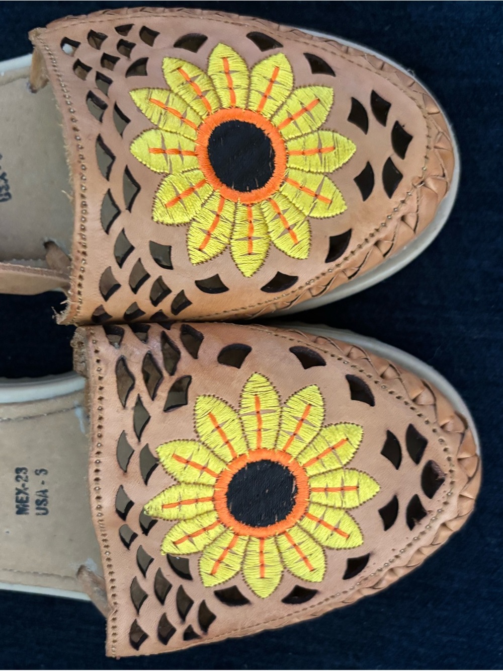 MEXICANA Tan Leather Flats with Yellow Sunflower Embroidery